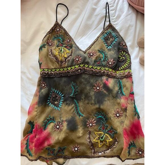 Boston Proper Green 100% Silk Cami Top Lace Beaded Crystal Embellished Medium - Picture 1 of 8